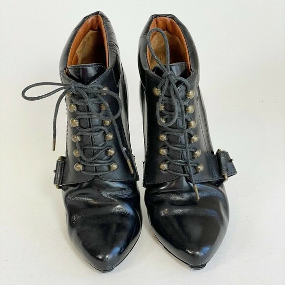 Givenchy Womens Buckle Lace Up Ankle Bootie Heels Black Sz 36.5 Leather Pointed - Picture 2 of 9